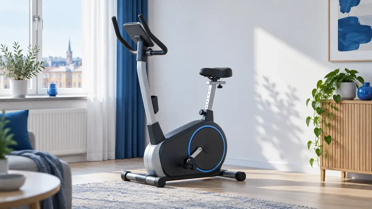 Illustration av en omärkt motionscykel i ett ljust vardagsrum med blå gardiner